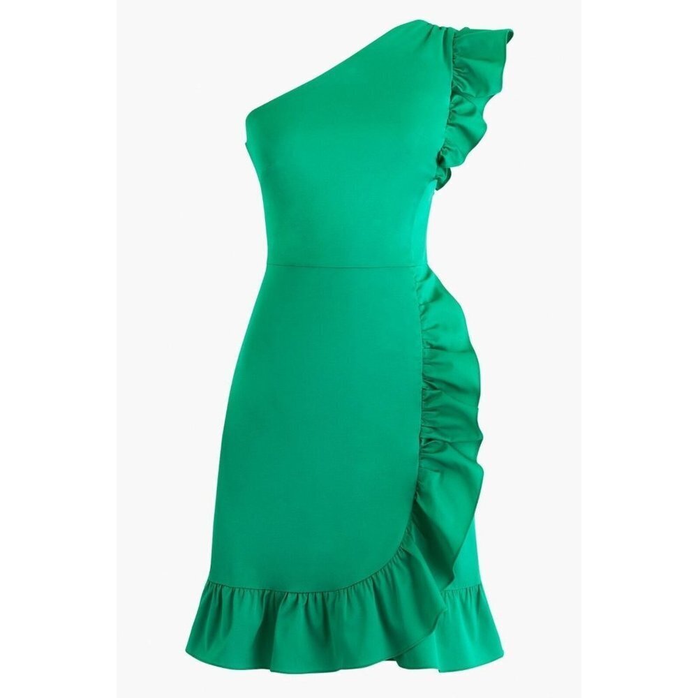 NWT J.Crew One Shoulder in Bright Kelly Green Stretch Twill Ruffle Dress 16 $168